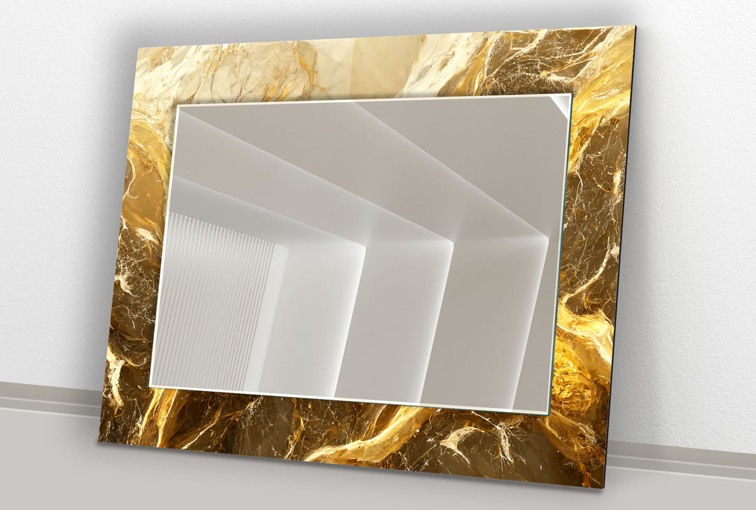 Golden Swirl Marble Glass Wall Mirror – Elegant Luxury Decor Piece