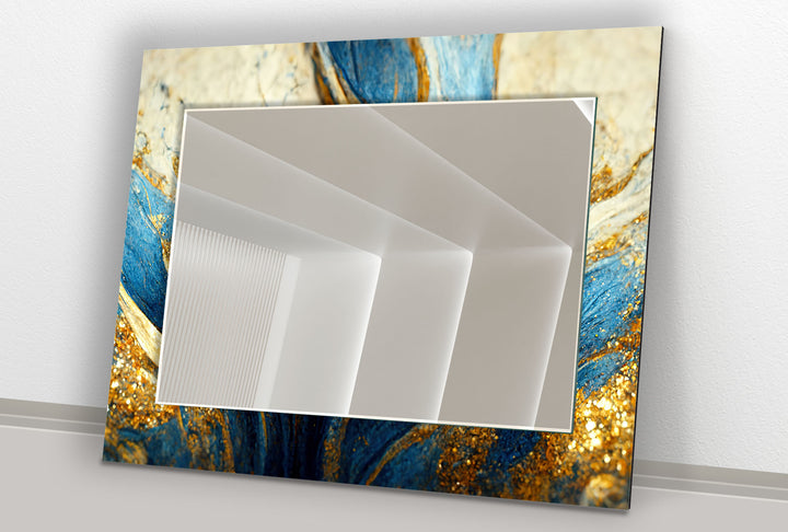 Blue & Gold Marble Glass Wall Mirror – Elegant Abstract Accent Piece