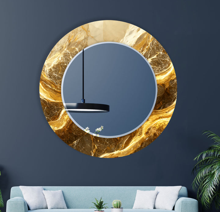 Golden Swirl Marble Glass Wall Mirror – Elegant Luxury Decor Piece