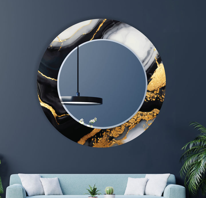 Black & Gold Marble Glass Wall Mirror – Modern Luxury Bathroom Accent