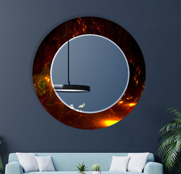 Lava Glow Glass Wall Mirror – Round Abstract Fire Design for Modern Spaces