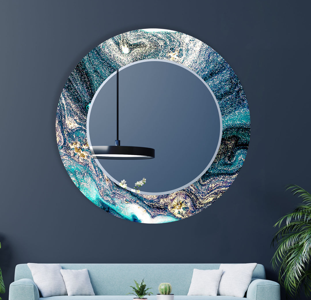 Galaxy Teal & Gold Round Glass Wall Mirror – Cosmic Abstract Accent