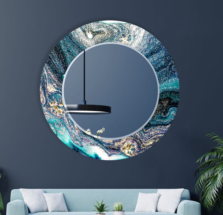 Galaxy Teal & Gold Round Glass Wall Mirror – Cosmic Abstract Accent