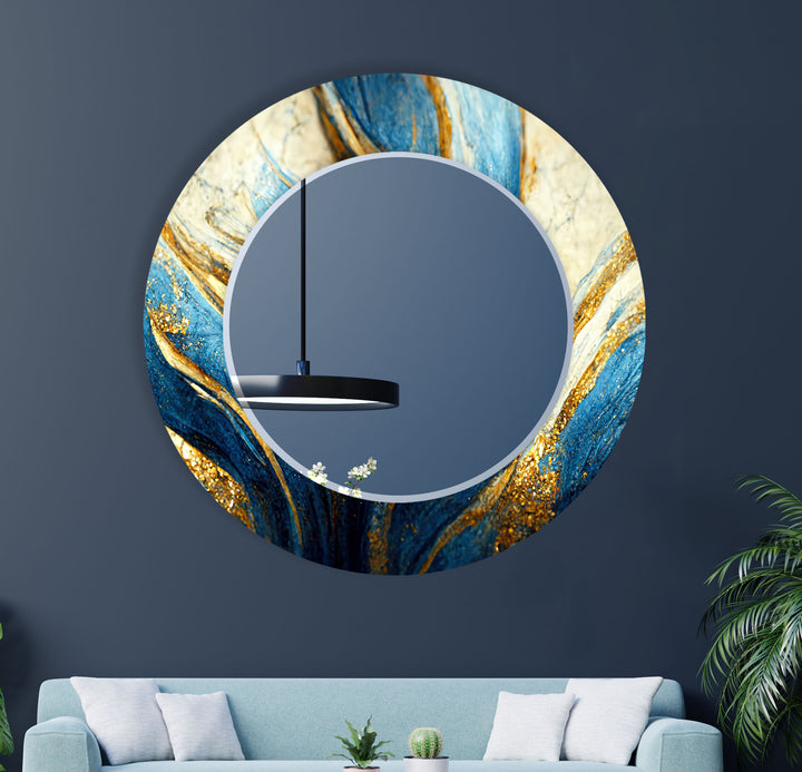 Blue & Gold Marble Glass Wall Mirror – Elegant Abstract Accent Piece