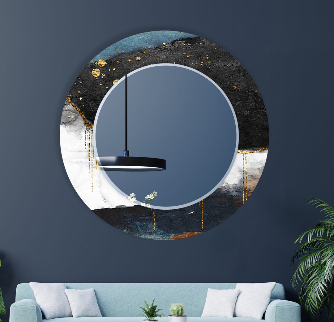 Luxury Textured Glass Wall Mirror – Abstract Blue & Gold Accent