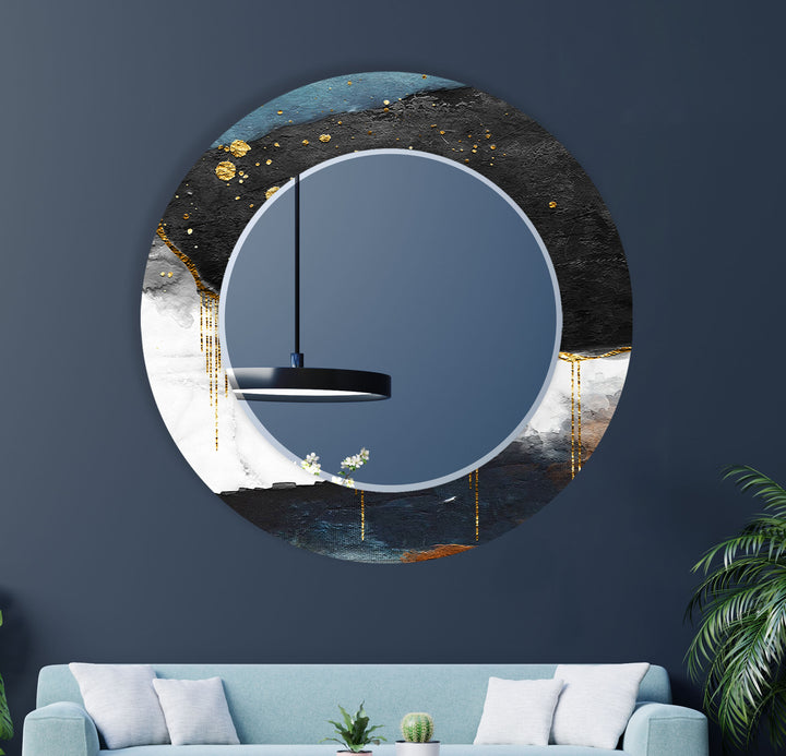 Luxury Textured Glass Wall Mirror – Abstract Blue & Gold Accent