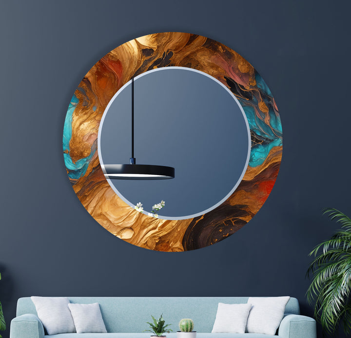 Rust & Teal Marble Glass Wall Mirror – Artistic Round Accent for Modern Interiors