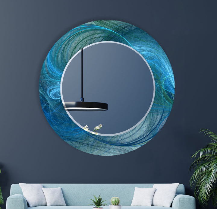 Ocean Wave Glas-Wandspiegel – Blaues Wirbel-Abstrakt-Design