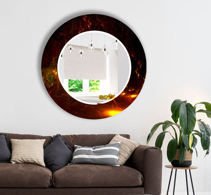 Lava Glow Glass Wall Mirror – Round Abstract Fire Design for Modern Spaces