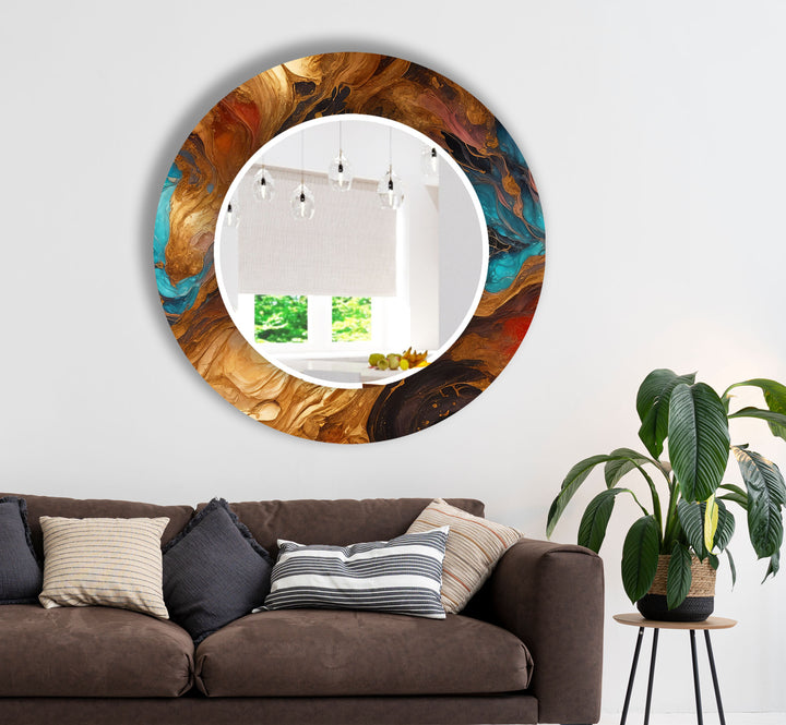 Rust & Teal Marble Glass Wall Mirror – Artistic Round Accent for Modern Interiors