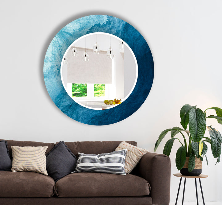 Ocean Blue Wave Glass Wall Mirror – Coastal Abstract Bathroom Decor