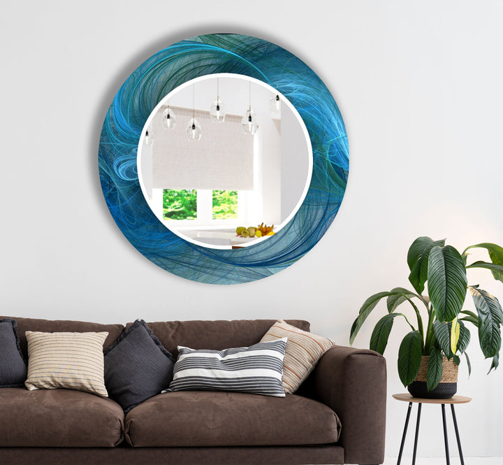 Ocean Wave Glas-Wandspiegel – Blaues Wirbel-Abstrakt-Design