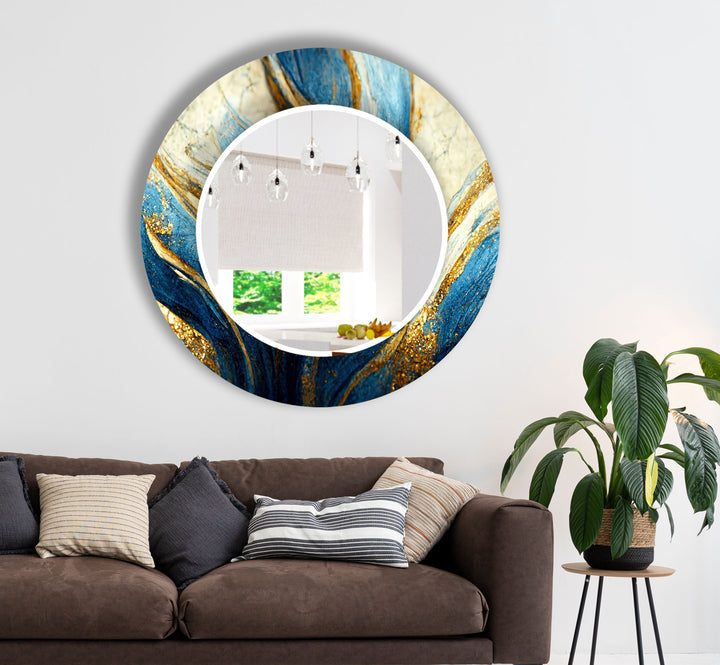 Blue & Gold Marble Glass Wall Mirror – Elegant Abstract Accent Piece