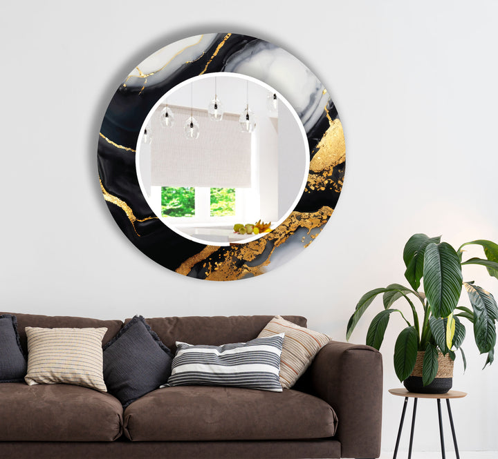 Black & Gold Marble Glass Wall Mirror – Modern Luxury Bathroom Accent
