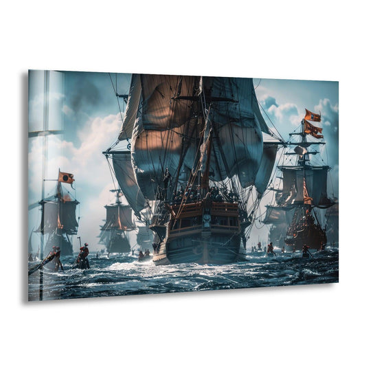 Pirates ships surge through choppy seas, conveying a sense of dramatic movement in this hanging wall art.
