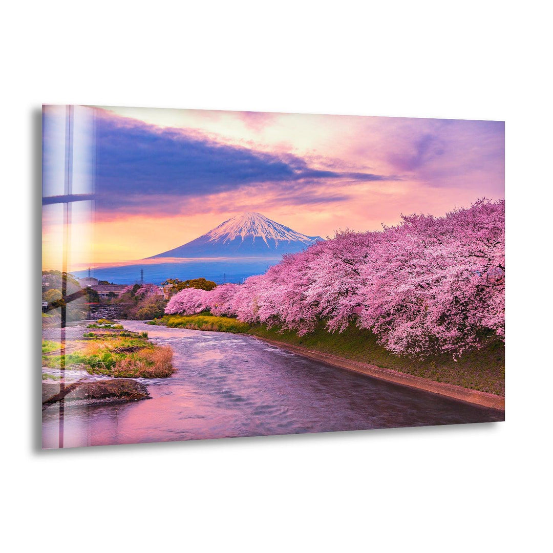 Cherry Blossoms and Mount Fuji Glass Wall Art – A Breathtaking Japanese Landscape
