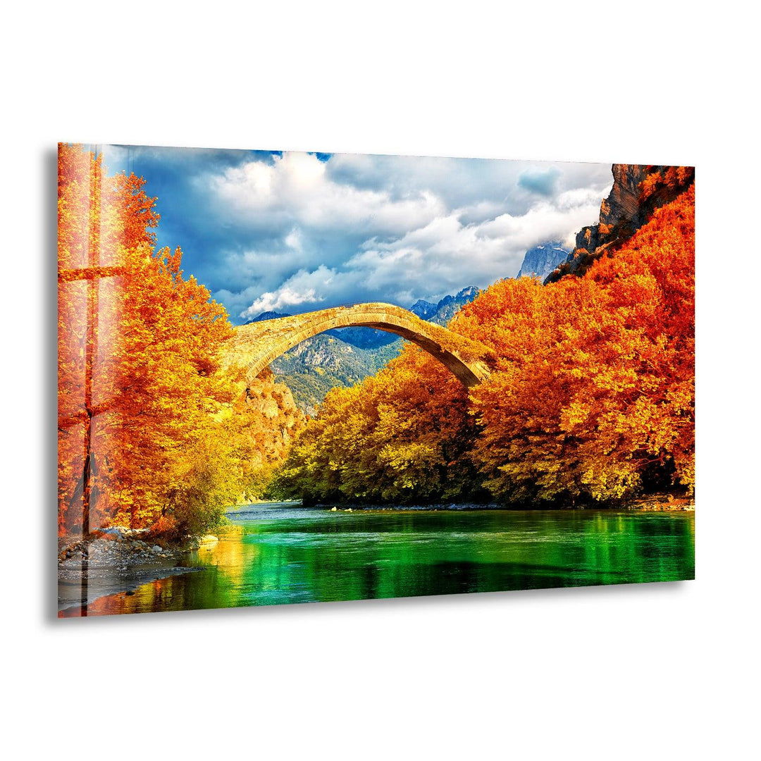 Golden Autumn Bridge – A Breathtaking Fall Landscape on Glass Wall Art
