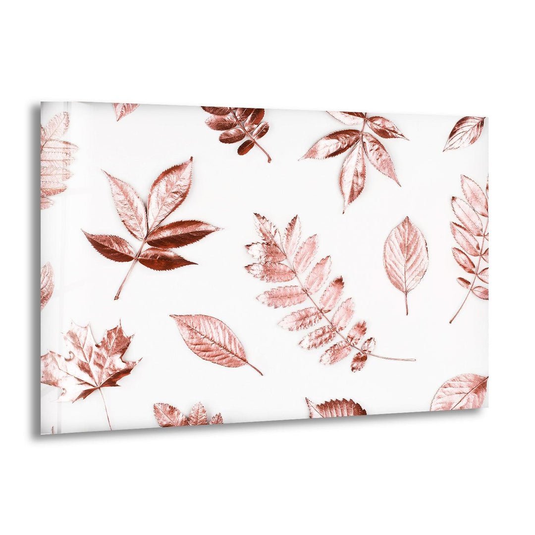 Rose Gold Leaves Glass Wall Art, print picture on glass, Tempered Glass Wall Art
