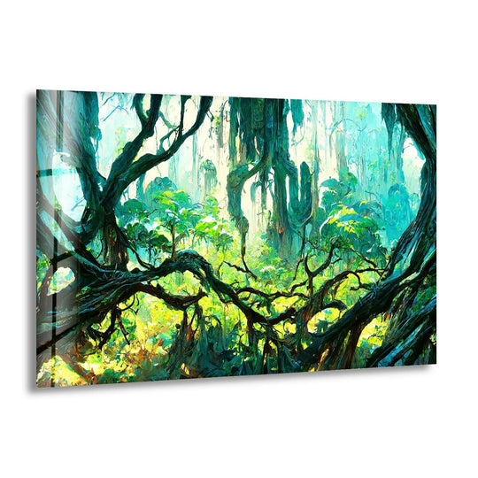 This horizontal glass wall art shows an enchanted forest landscape and is a nature art print that features green foliage and mystic trees for stunning wall art