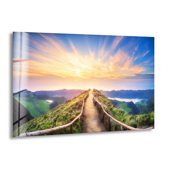 Reflecting the golden sunrise, this glass wall art brings the loudness of the horizon into your home decor with a breathtaking mountain ridge landscape.
