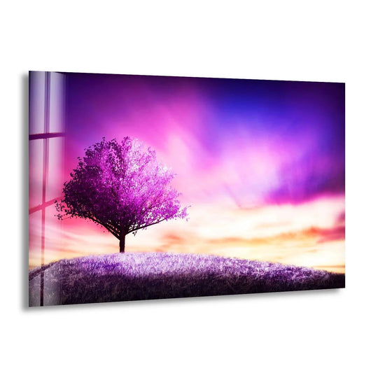 Finished with a sleek, modern look, the purple tree landscape wall art prints feature vibrant colors and crisp detail on durable glass.