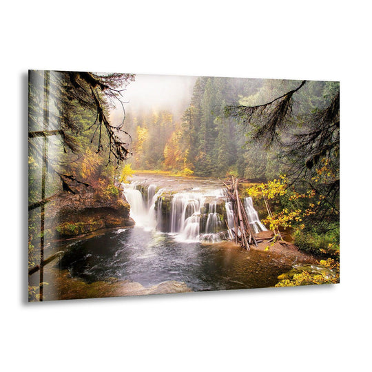 Cascading layers of Autumn Waterfall Serenity create depth in this glass wall art, enriching your home decoration with a stunning nature escape.