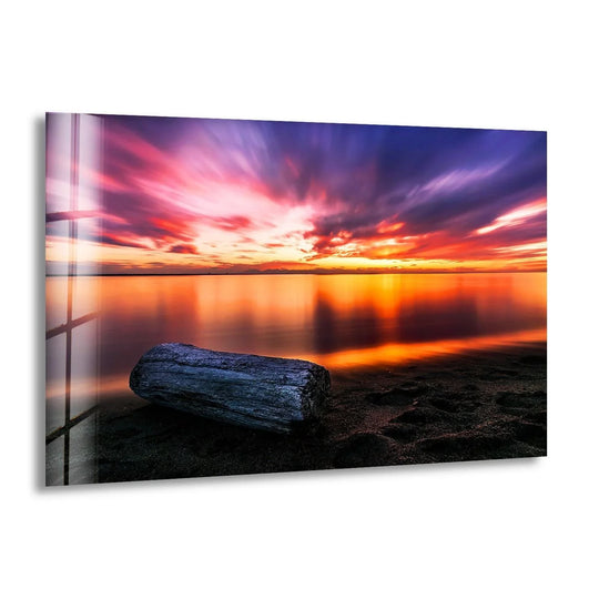 Landscape glass wall art vivid sunset reflection with glowing sky and calm waters and modern decor