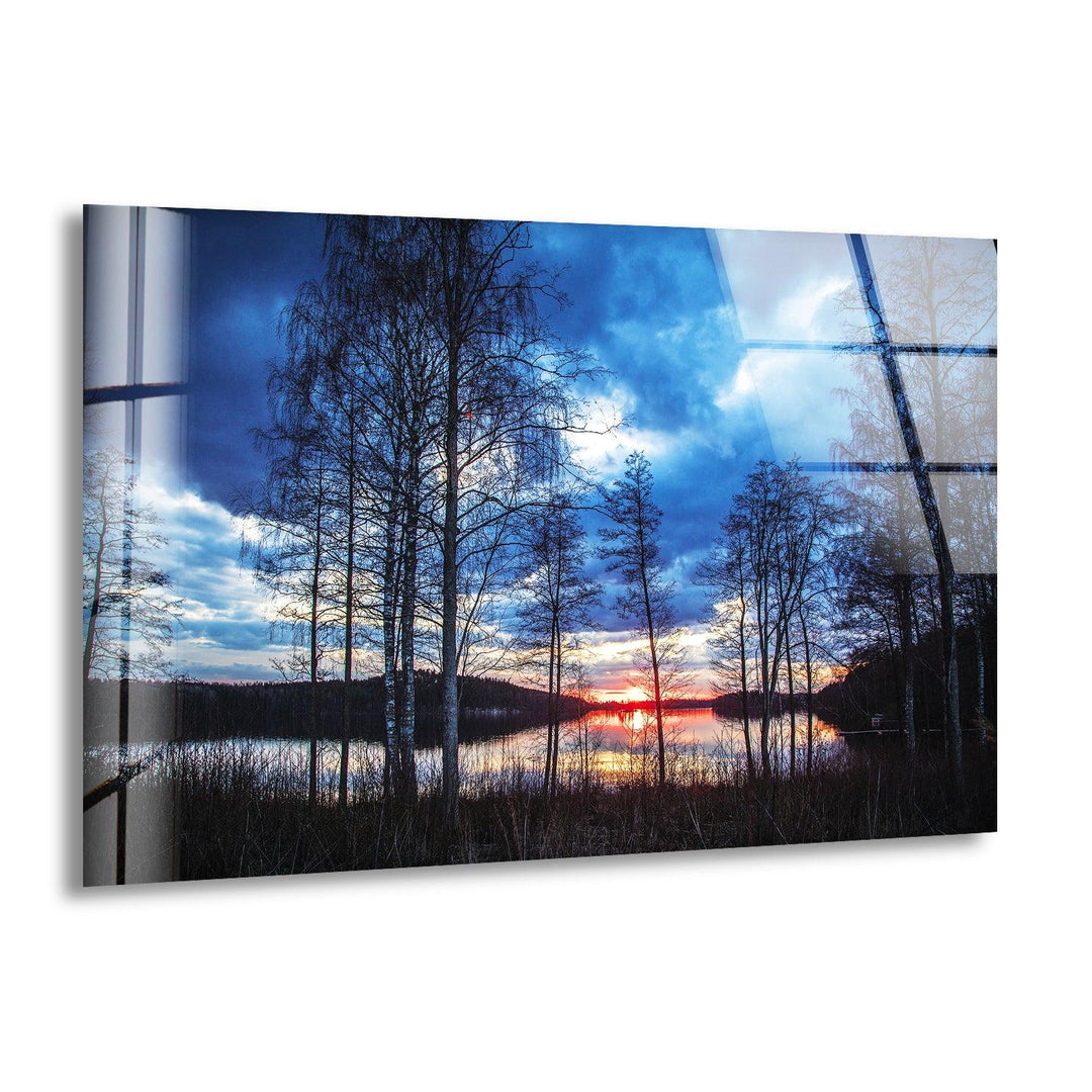 Twilight Forest Reflection – A Stunning Glass Wall Art of a Sunset Over Water
