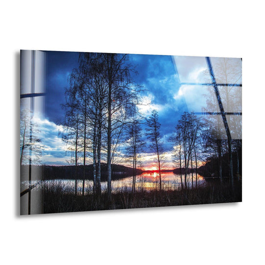 Landscape glass wall art twilight forest reflection and serene sunset scene on glass and tranquil lake landscape art