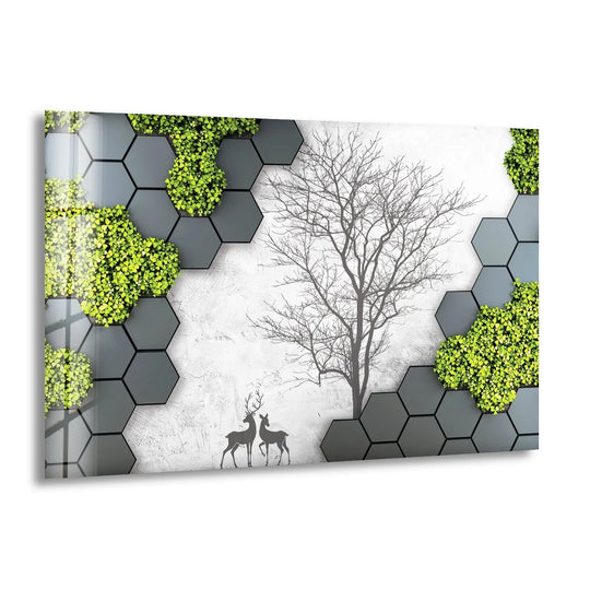 Cool color temperatures emphasize the calming, geometric glass decorative wall art with sparse tree, deer silhouettes, and vibrant green hexagons.