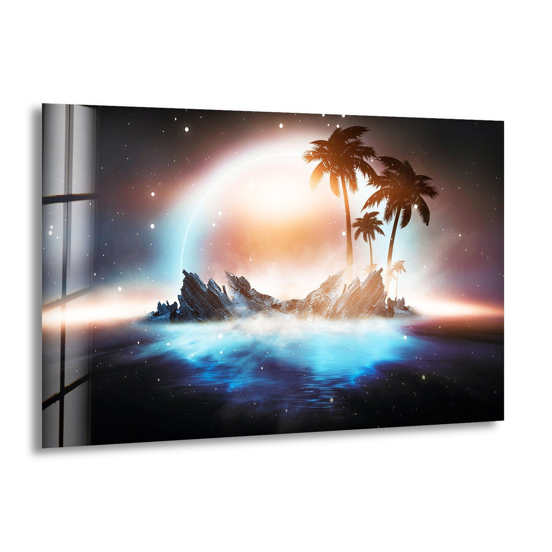 A surreal island floating in mist with a glowing celestial backdrop.
