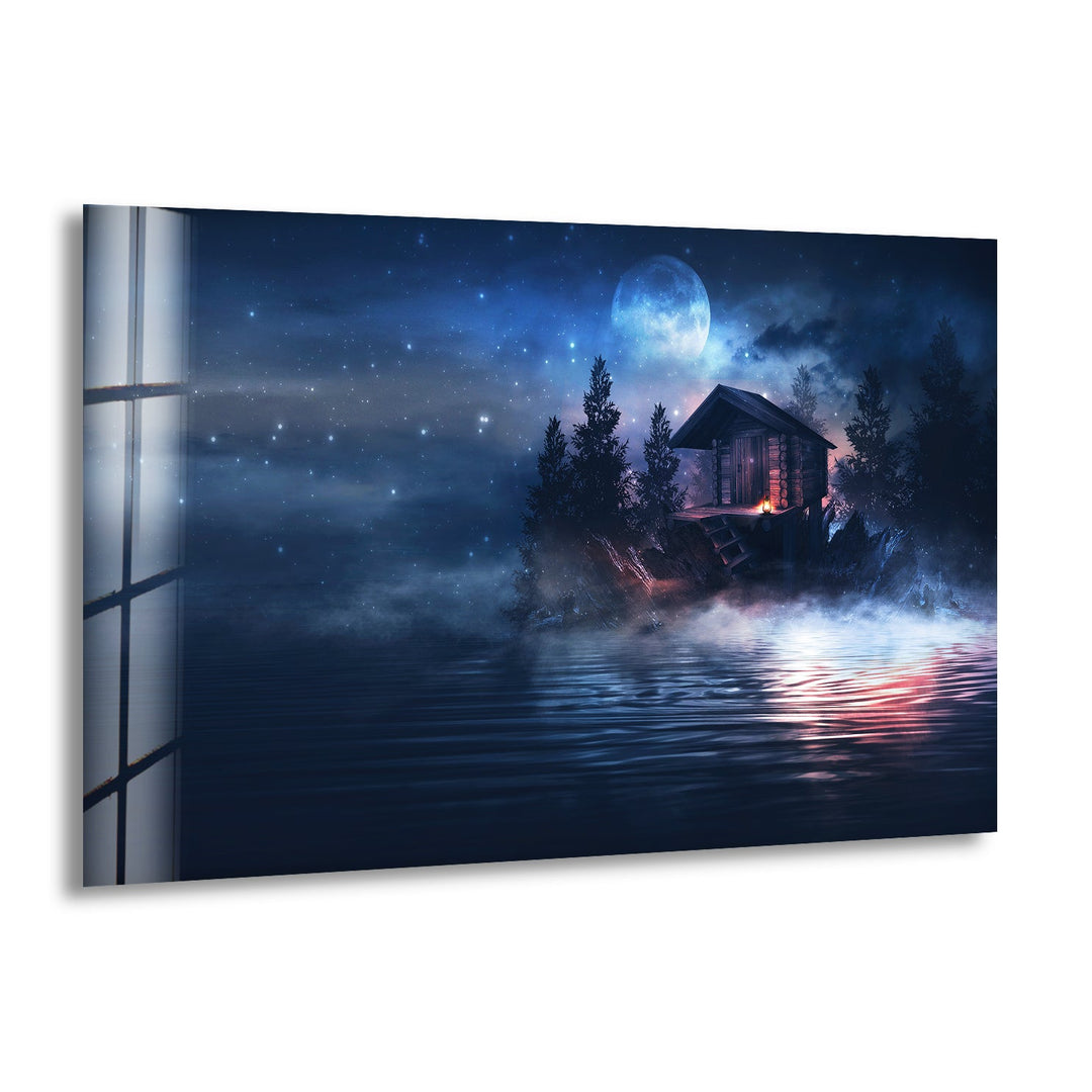 Mystical glass wall art featuring a moonlit cabin retreat over a serene lake.
