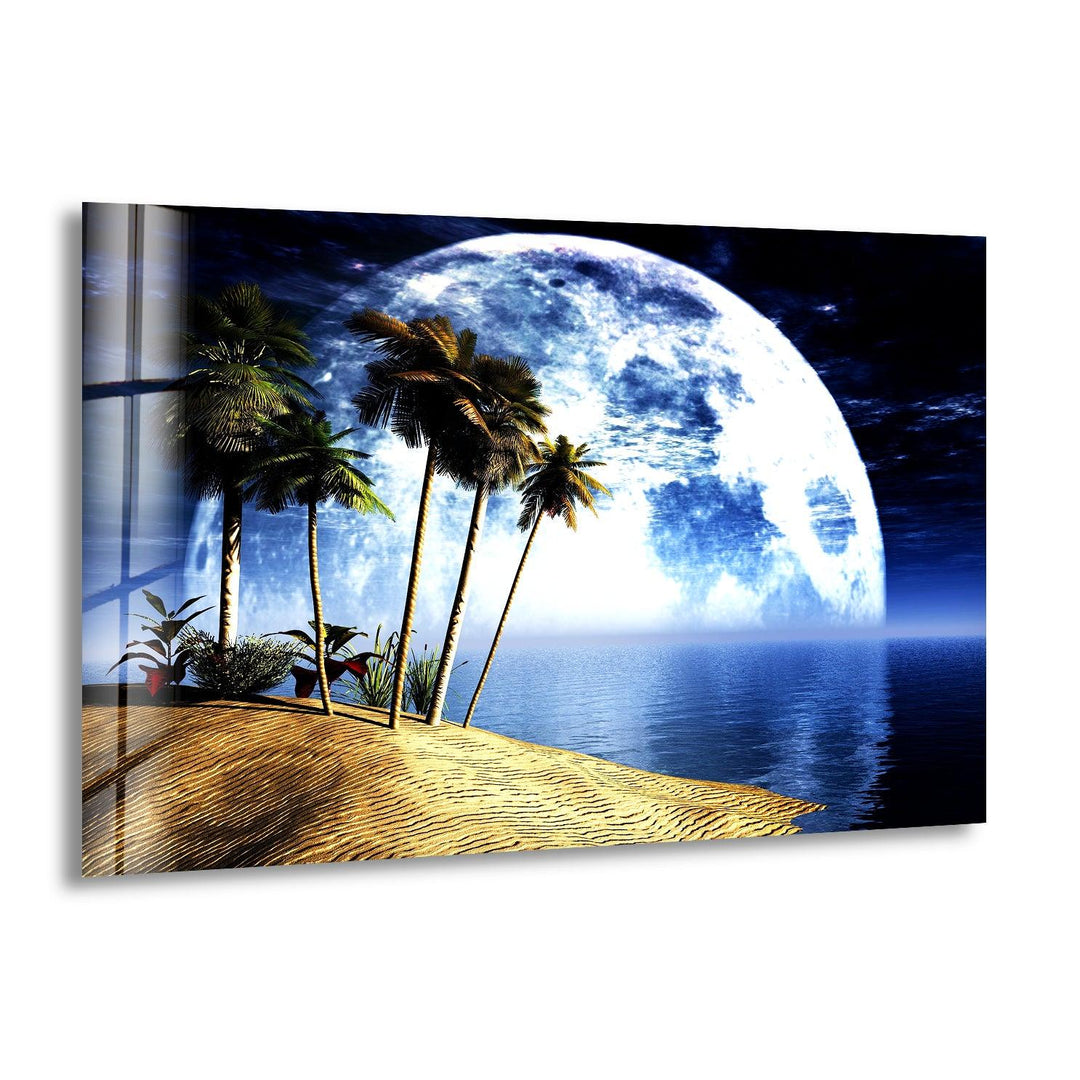 Moonlit tropical beach glass wall art featuring palm trees under a glowing full moon.
