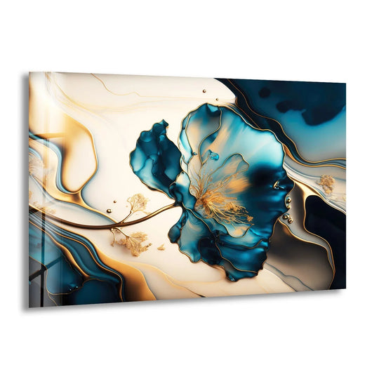 Minimalist art from glass features a single sapphire blue marble flower with abundant negative space.
