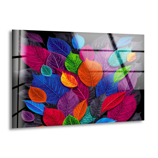 The loudest element of this modern colorful leaf glass wall art showcases vibrant hues achieved through innovative glass printing, creating a stunning, elegant design.