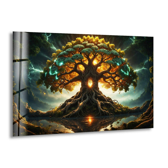 Radiant Yggdrasil tree art on glass printing showcases a luminous, otherworldly scene with vibrant energy and intricate root textures.