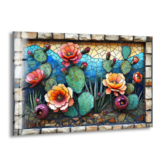 Textured mosaic flowering cactus art from glass features a beautifully rough brick frame and a layered, dimensional surface with a blend of smooth and textured glass pieces.