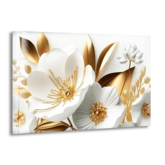 White gold flowers create a dynamic visual rhythm on this elegant glass wall artwork.