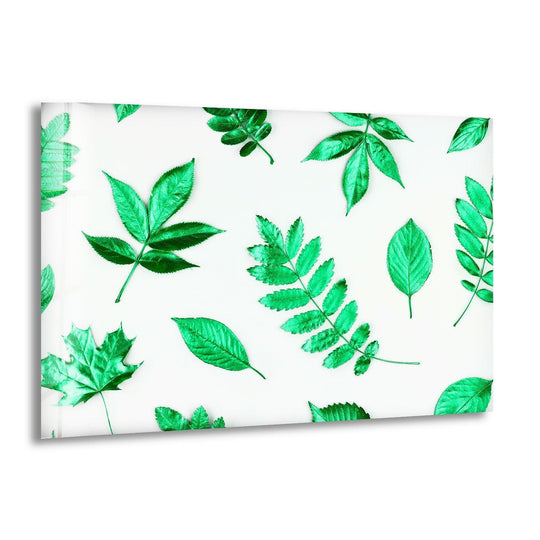 Illustrating the layering effect, the ruby green leaves glass wall art presents a refreshing pattern for home decoration with overlaid botanical elements.