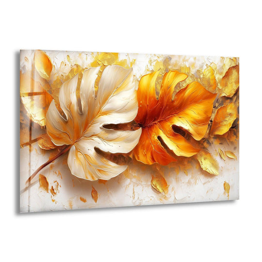 Flower Golden and White Leaves Glass Wall Art vibrant botanical print and timeless design for your home