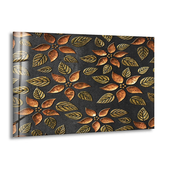 A dark, textured background showcases a bronze flowers pattern glass wall artwork with raised floral and leaf designs.