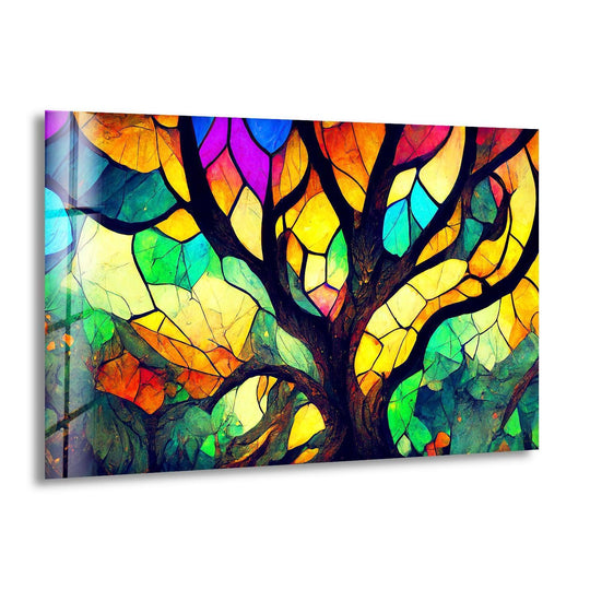 Vibrant stained glass tree artwork creates a dazzling stained glass window effect on this glass wall artwork.