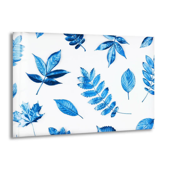 Highlighting the abstract quality, this blue leaves glass wall art presents a striking botanical scene, elevated by expressive art from glass for a sophisticated effect.