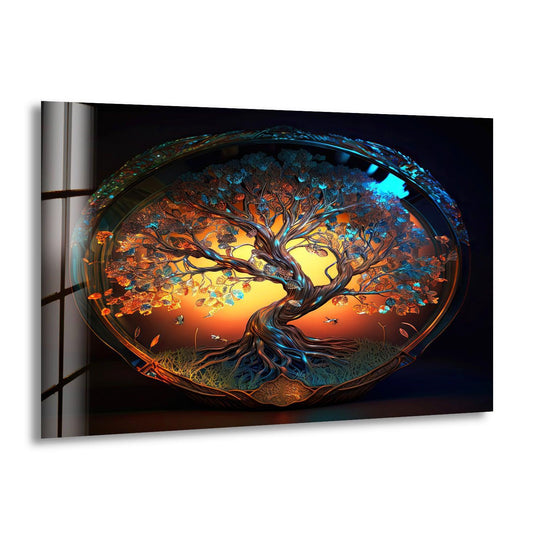 Negative space surrounds the luminous tree of life in this round glass wall art, enhancing the vibrant, otherworldly details of the nature-inspired print wall art.