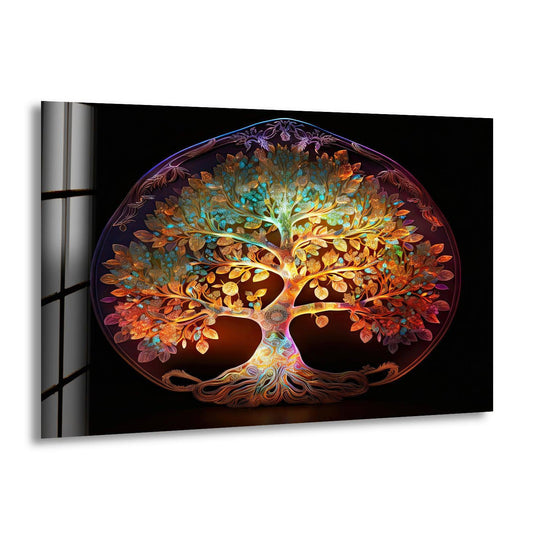 Horizontal, round Life Of Tree Colorful glass wall art features vibrant floral artwork, enhancing home decor with its captivating design.