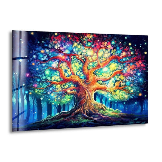 Flower glass wall art features a tree with colorful leaves and vibrant tones and floral art for the home