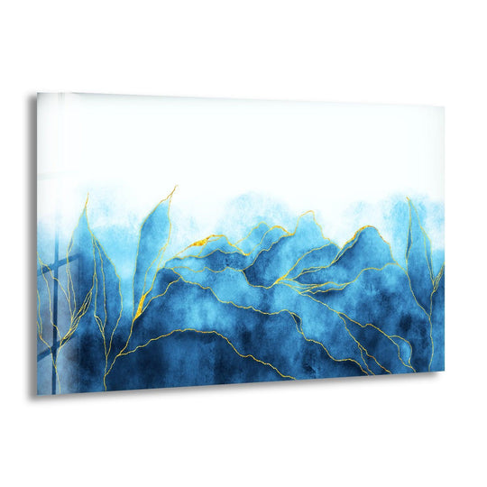 Abstract blue watercolor mountains with shimmering gold veins on this striking glass art piece.