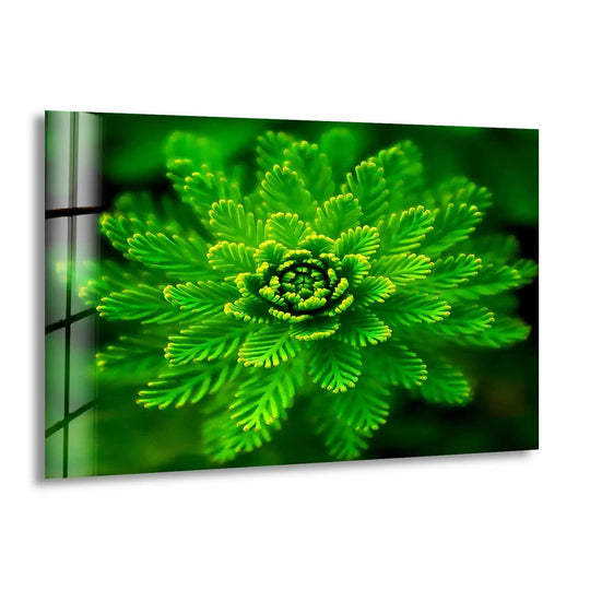 A vibrant green botanical glass art painting focuses on the intricate, radiating pattern of a succulent plant.