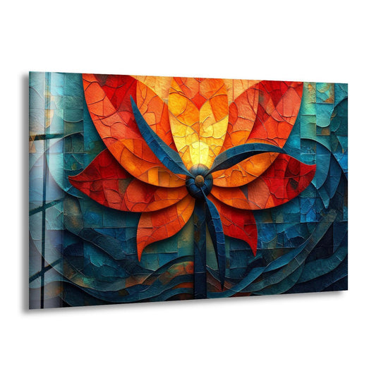 Vibrant mosaic flower glass art showcases bold color contrast with fiery oranges and deep blues.