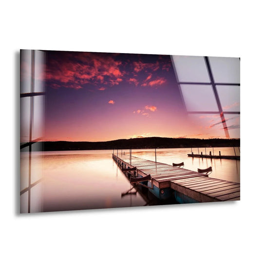 Landscape glass wall art sunset purple dock theme and landscape wall art bringing tranquil evening decor